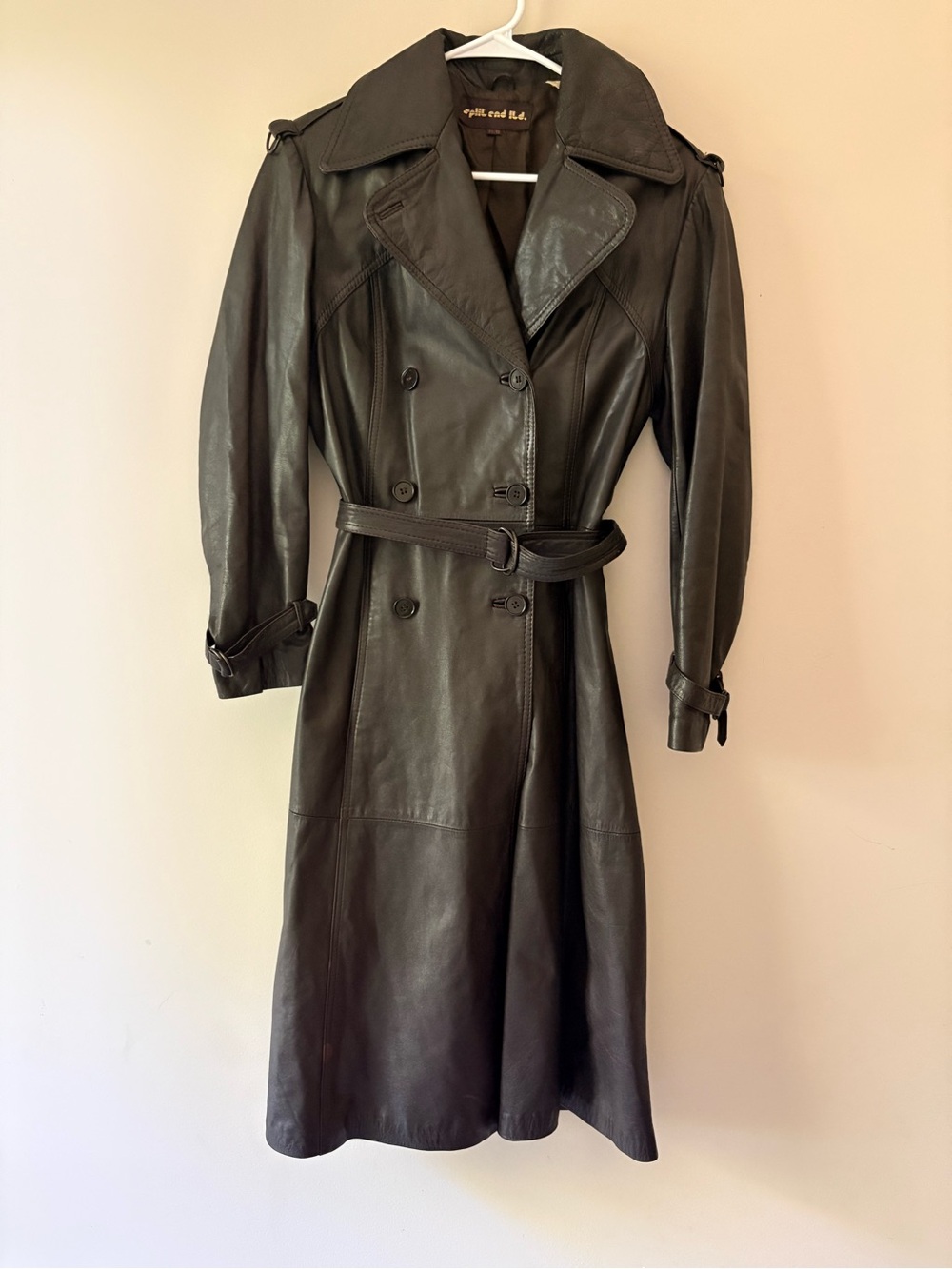 Vintage Women’s Sm/M Dark Brown Leather Trench Coat Jacket with Belt & Pockets